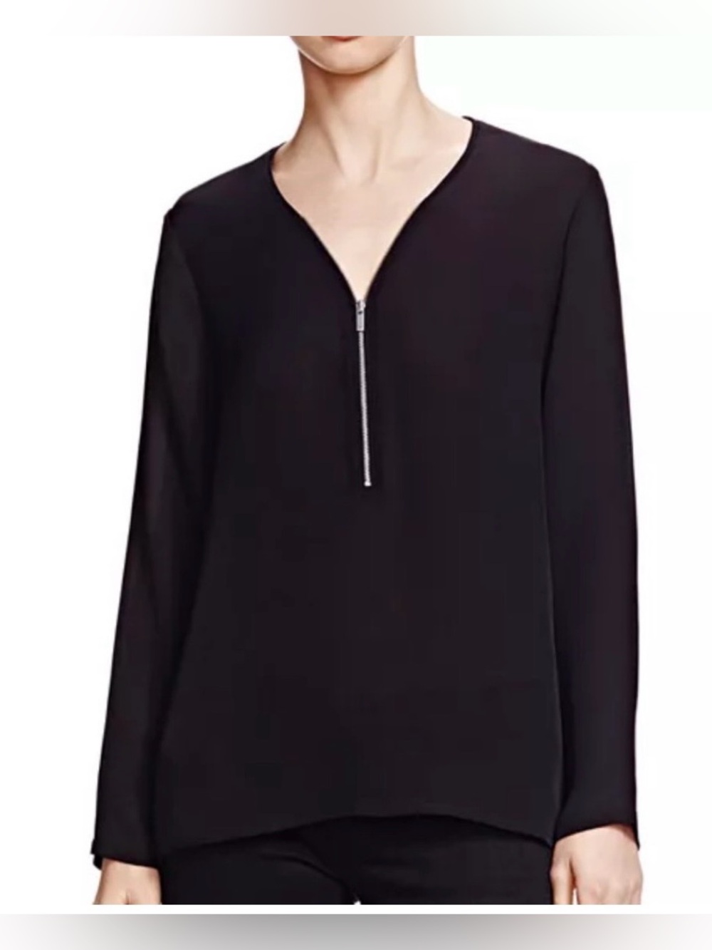The Kooples Black Long-Sleeve V-Neck Zip Front Blouse